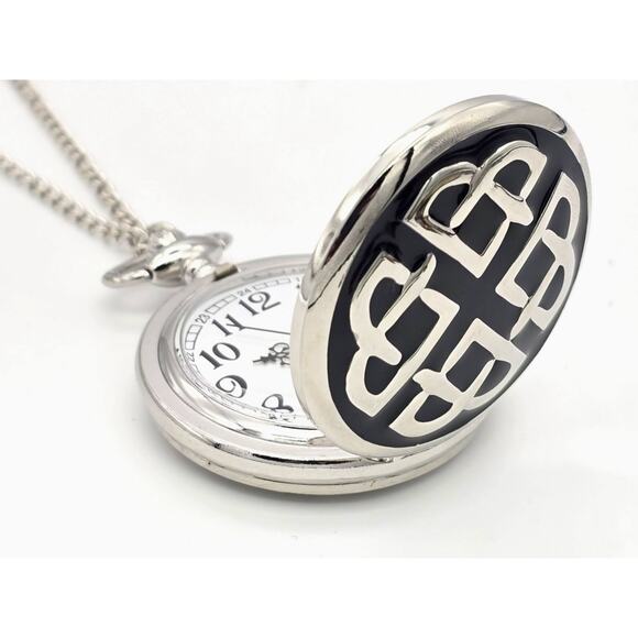 Celtic Knot Pocket Watch - Elegant Black Enamel Face with Silver Design Gift - Picture 2 of 9